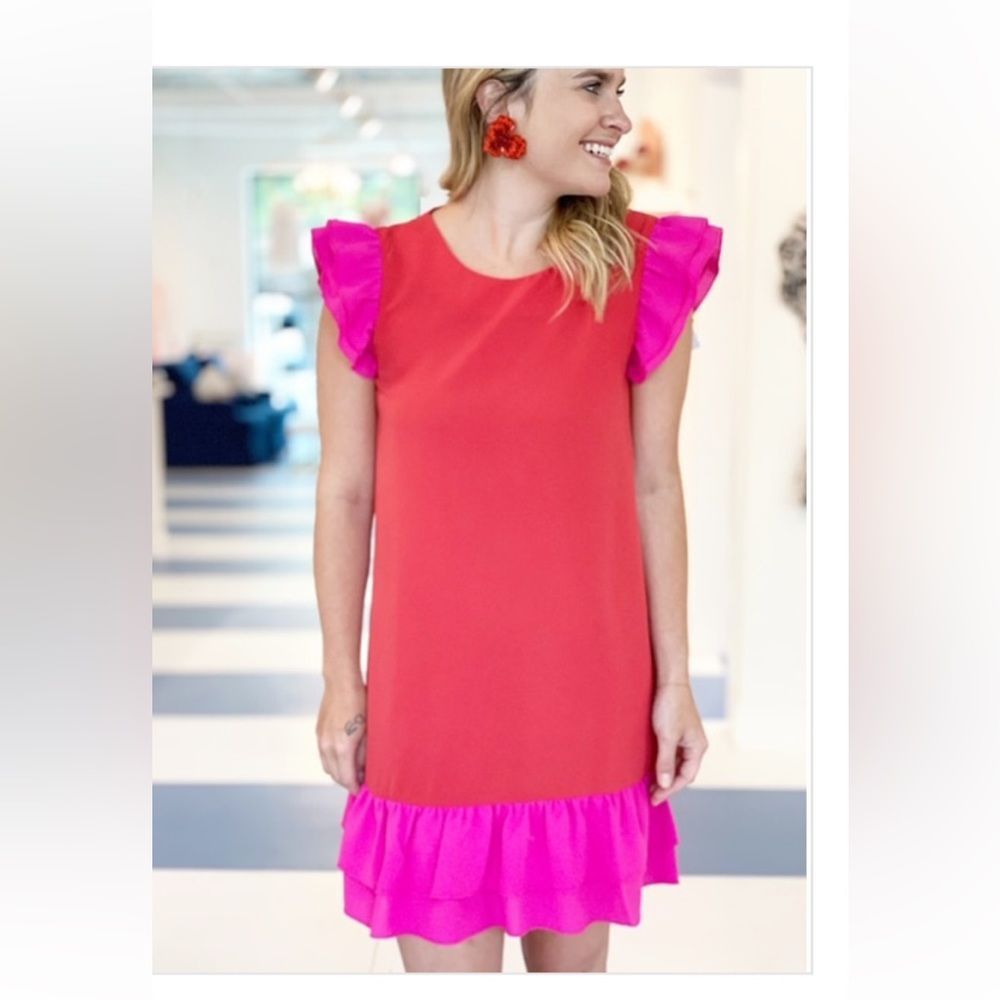 Crosby Red and Pink Color Block Shift Dress | Size M